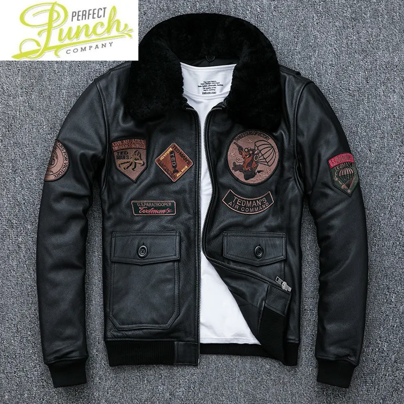 

Genuine Real Leather Jacket Men Autumn Winter Cow Leather Coat Wool Fur Collar Cowhide Flight Jacket Parka KJ4268