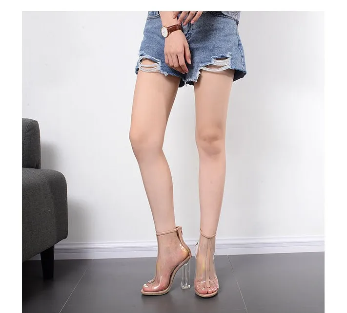 Summer Ankle Boots For Woman Summer Sandals Transparent PVC Open Toe Pumps Apricot High Heels Stilettos Rain Boots Gladiator