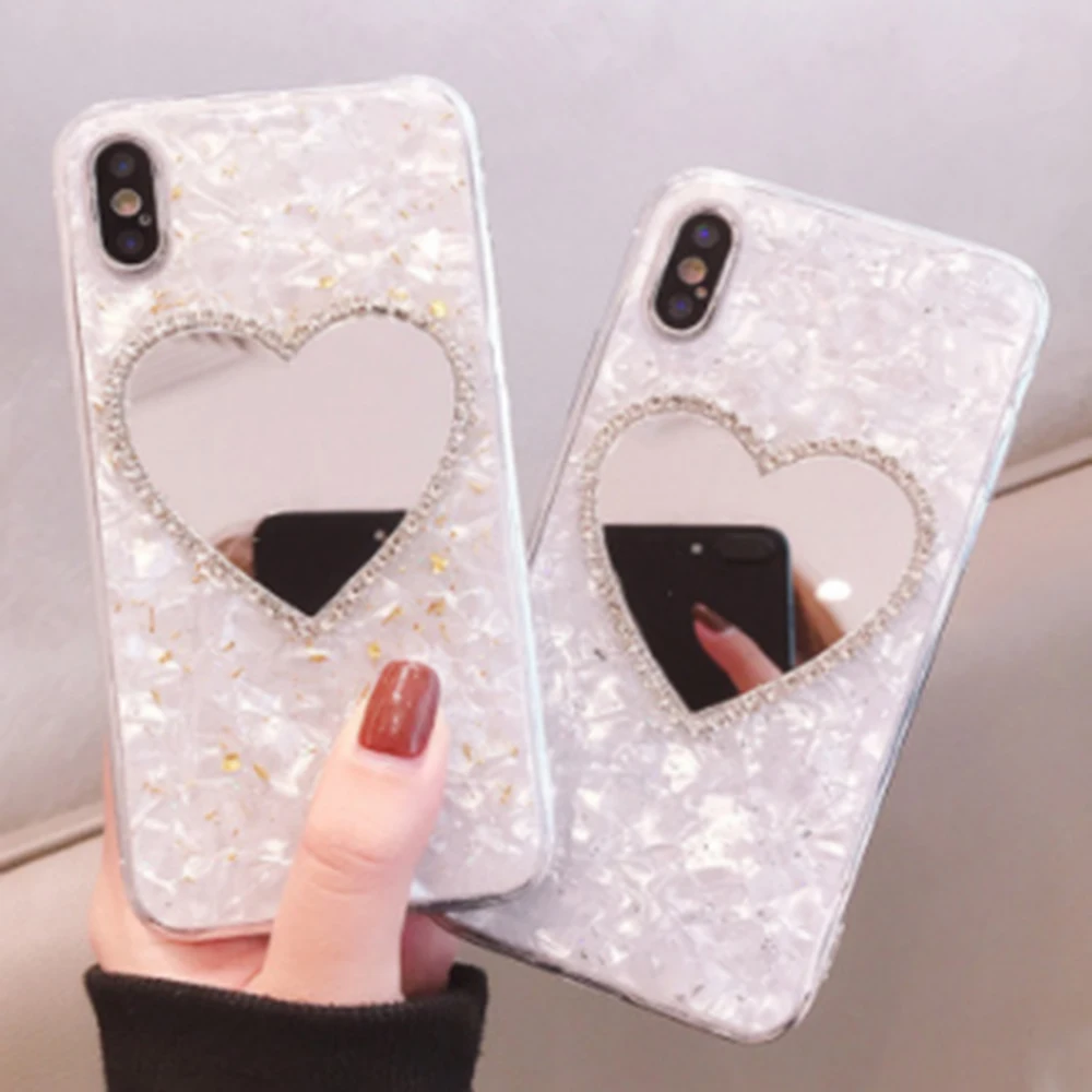 Diamond Marble Love Heart Mirror Phone Case For iPhone 11 Pro X XS Max XR 7 8 6 6S Plus Luxury Glitter White Phone Case Cover