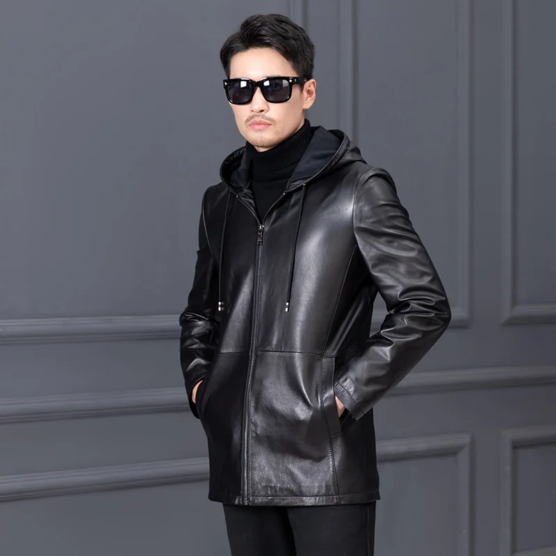 Quality High Mens Natural Sheepskin Jackets Short Loose Hooded Zippers Pockets O-Neck Male Casual Black Genuine Leather Coat