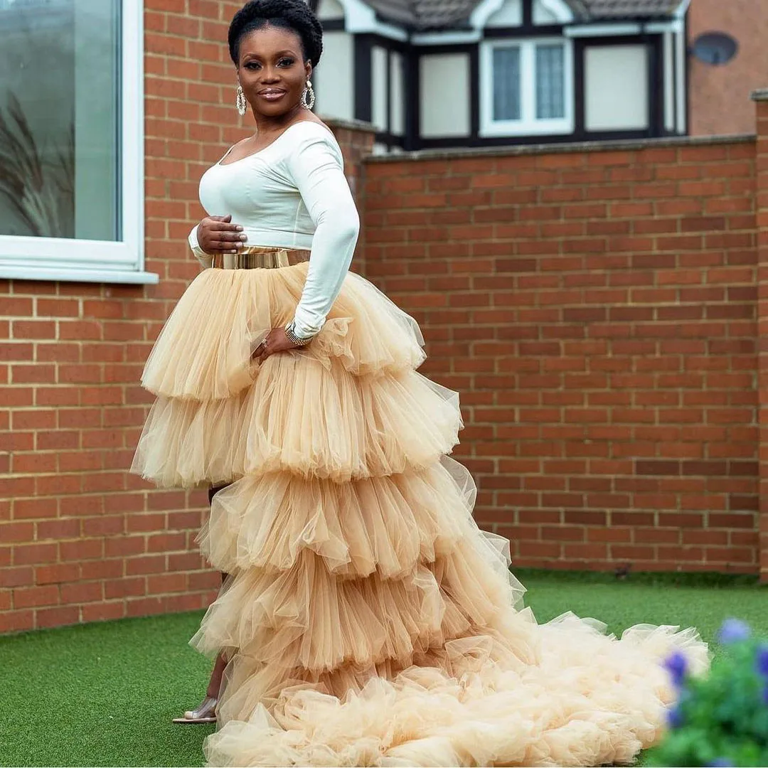 

Tulle Skirts With Long Train Ruffles Tiered Ball Gown Women Skirt For Black Girls Extra Puffy Birthday Gowns