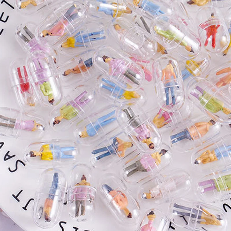 Clear Plastic Mini Capsule Containers 10 Pcs for Pills and Small Items, Multi-Colored, with Fun Figurine Design