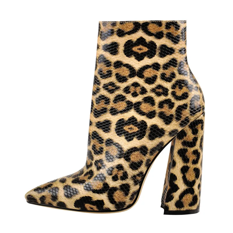 Onlymaker Women Pointed Toe 10CM Leopard Chunky Heels Ankle Boots Side Zipper High Heel Thick Autumn Booties