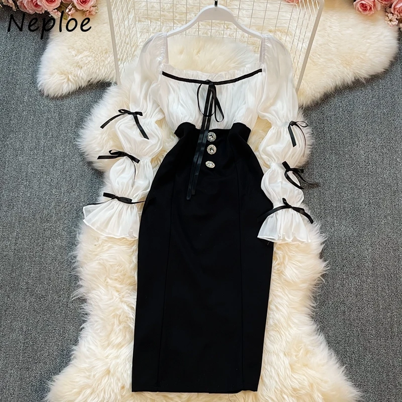 Neploe Elegant Hollow Out Backless Bow Drawstring Belt Vestidos Woman Square Collar Patchwork Button Hip Slim Dress Ladies Robe