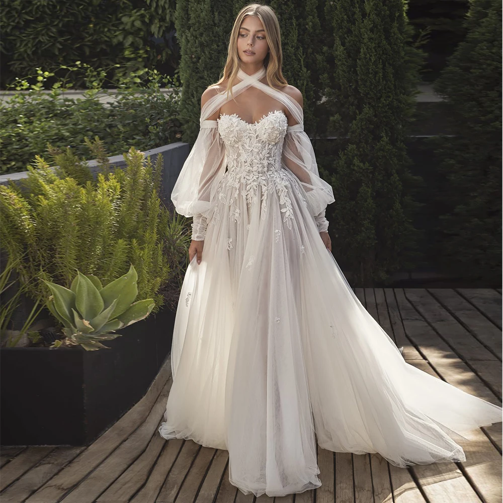 Morbido Tulle Boho abito da sposa manica lunga a sbuffo floreale pizzo perle abito da sposa 2021 abiti da festa di nozze con spalle scoperte