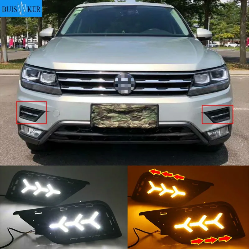 

2Pcs LED DRL Daytime Running Light Daylights For Volkswagen VW Tharu 2019 With Yellow Turn Signal Fog Lamp Cover night blue