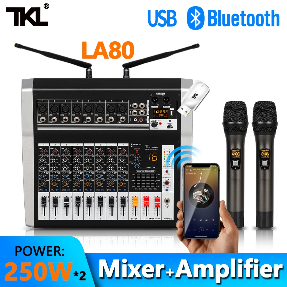 

TKL Professional Digital Sound Mixing Bluetooth USB With Amplifier 250W*2 8 Channel Effect DJ Mixer 48 Phantom Power