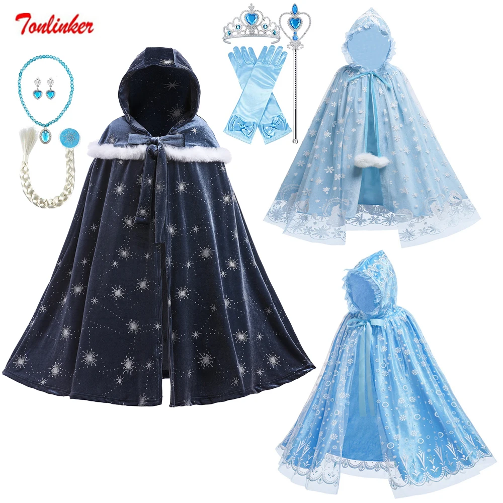 Winter Children Frozen 2 Cloak Halloween Christmas Girls Princess Blue Cartoon Hooded Shawl Cape Party Gift Dress Accessory Set