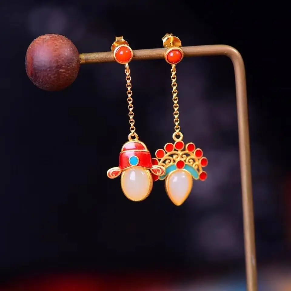 Natural Hetian White Jade Earrings Chinese Retro Palace Style Peking Opera Facial Makeup Classic Creative Elegant Christmas Gift