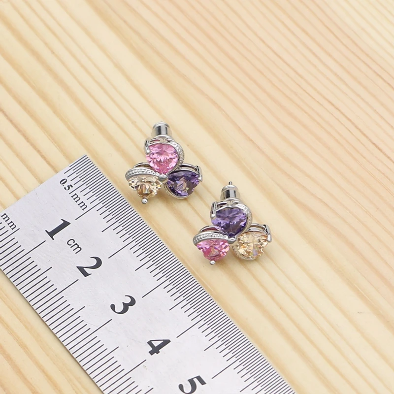 Heart Shape 925 Silver Jewelry Sets For Women Multicolor Cubic Zirconia Ring Bracelet Necklace Pendant Earrings Silver Kit