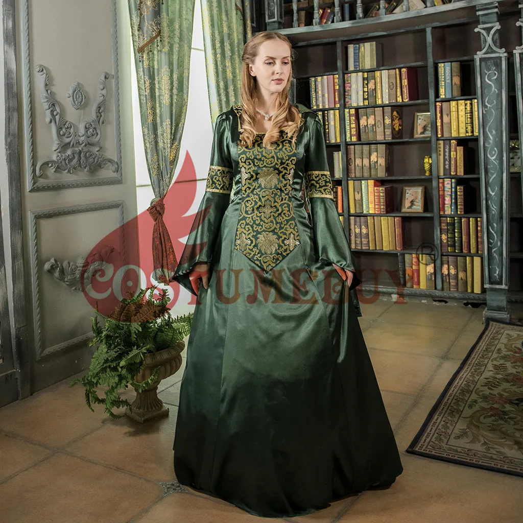 CostumeBuy Medieval Women Dark Green Trumpet Sleeves Dress Victorian Gothic Retro Dress Vampire Evenging Dress L920