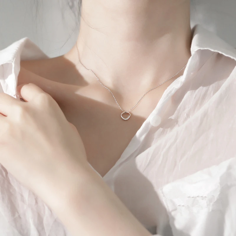 LIVVY Silver Color Hollow Round Zircon Pendant Necklace Female Simple Clavicle Chain Elegant Temperament Gift