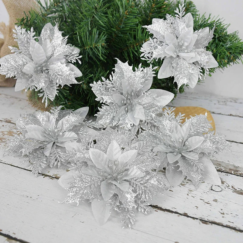 

5pcs Artificial Flowers Glitter Fake Flowers Christmas Tree Ornaments for Home Wedding Valentine's Day Decorations