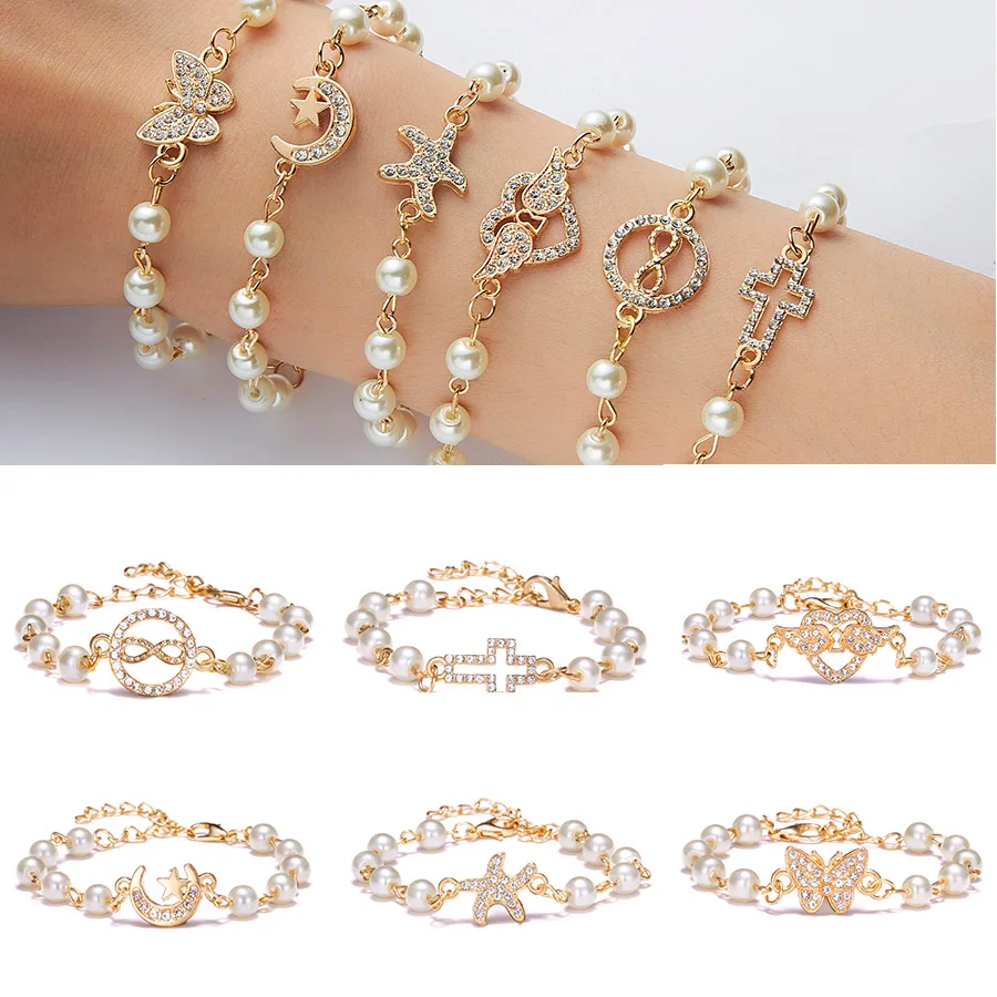 Korean Fashion Star Starfish Cross Butterfly Angel Wings Charm Imitation Pearl Bracelet For Women Jewelry Summer Beach Style