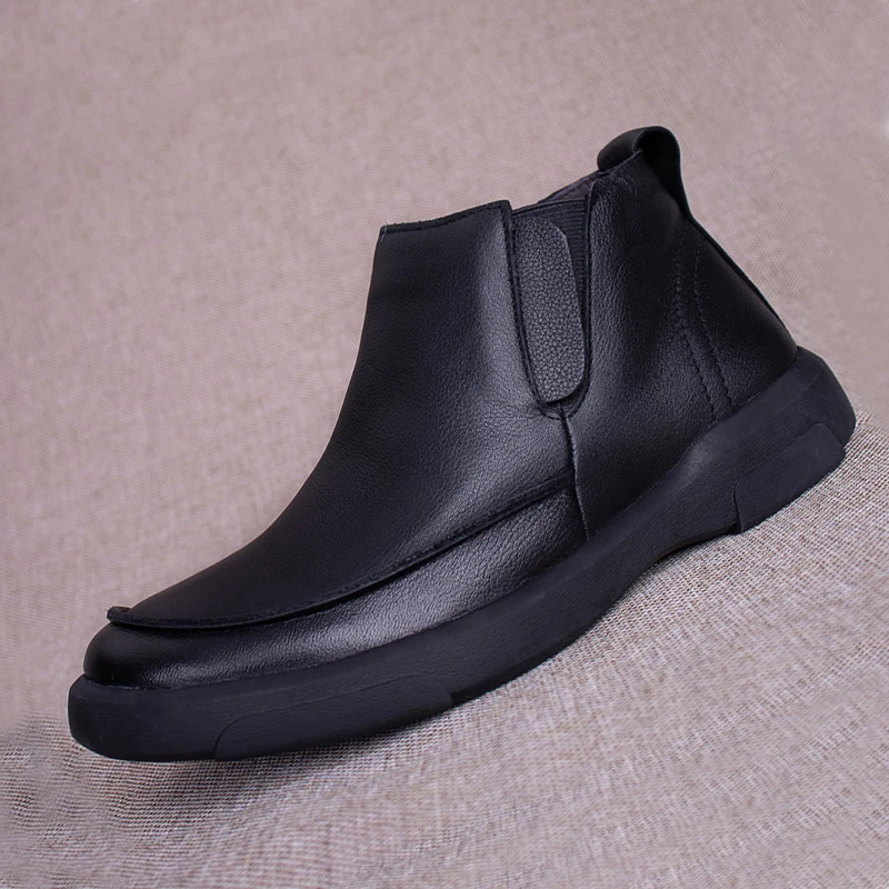 Vintage Genuine Leather Men\'s Chelsea Boots British Style Male Casual Shoes Handmade Slip On Men Fashion Short Boot M8009