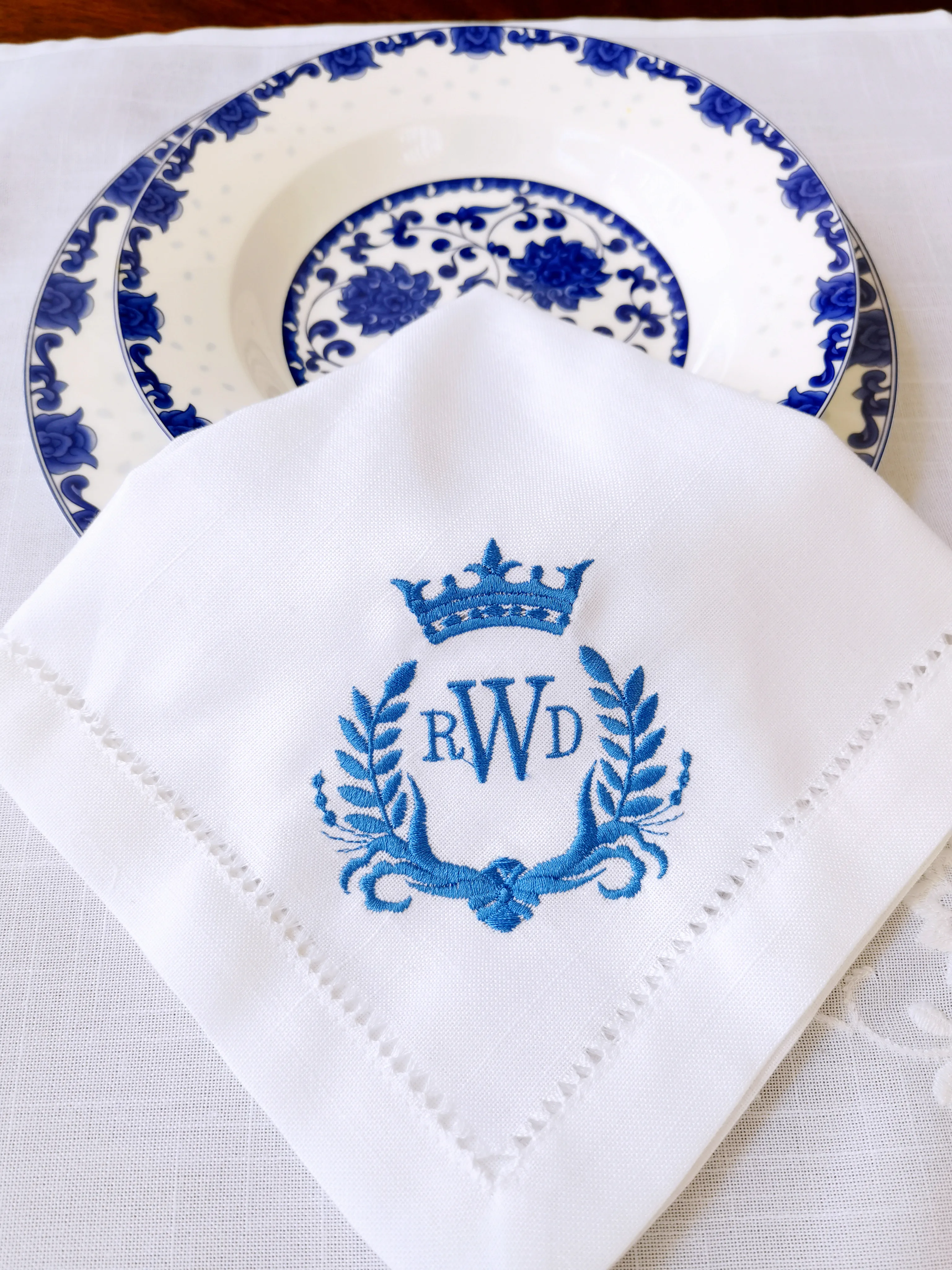 RD21018 Customized Hemstitched Classic Elegant Crown 3 Letters Monogram Embroidery Quality, Linen Napkin, Table Decor Wedding