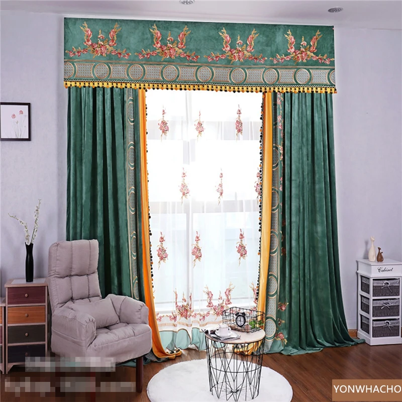 Custom curtains elegant high-grade thick green velvet embroidery American green cloth blackout curtain tulle valance drape B815