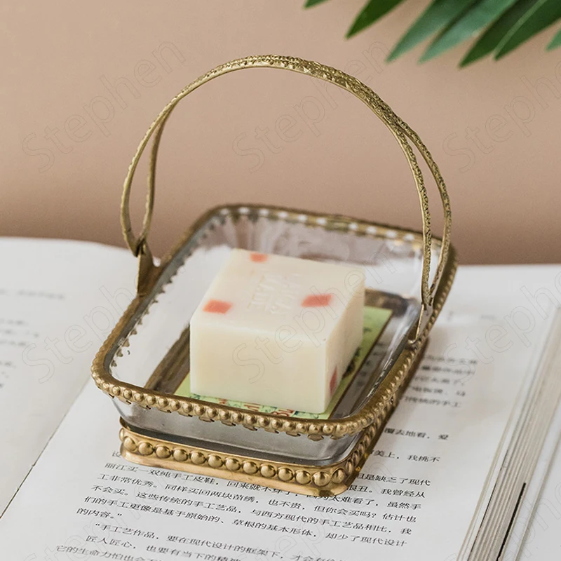 Vintage Carved Brass Glass Soap Holder Pastoral Soap Dish Ornaments Relief Craft Crystal Bow Soap Organizer Bathroom Accessories