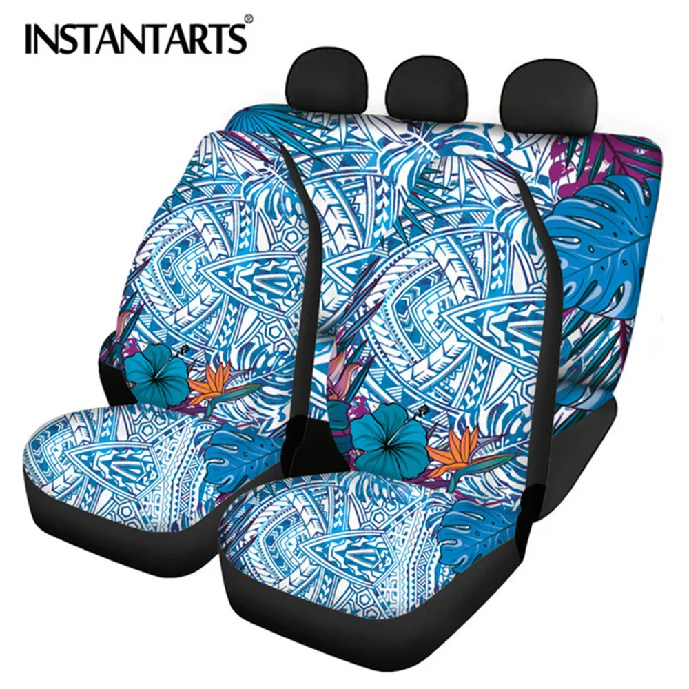 

INSTANTARTS Blue Polynesian Tribal Hawaii Floral Printing Car Seat Covers for Women Full Set Hibiscus Car Seat Covers for Women