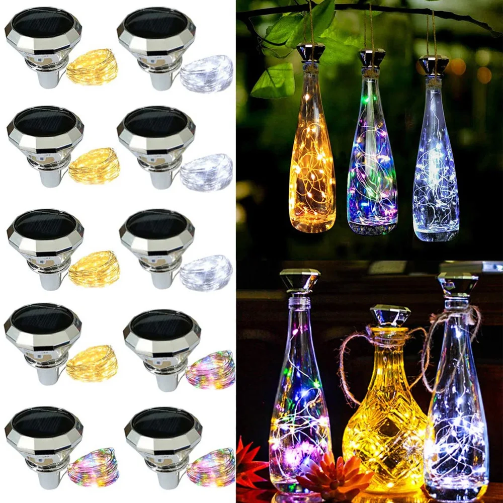 Fio de cobre com luzes solares para garrafa de vinho, peças 2m 20 leds fio de cobre guirlanda de fadas luzes para natal festa de casamento decoração