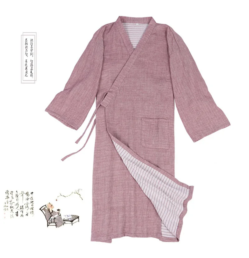 Japanese Style Traditional Soft Cotton Linen Loose Robe Pajamas Kimono Long Bathrobe Gown Sleepwear Vintage Ethnic Home Clothes