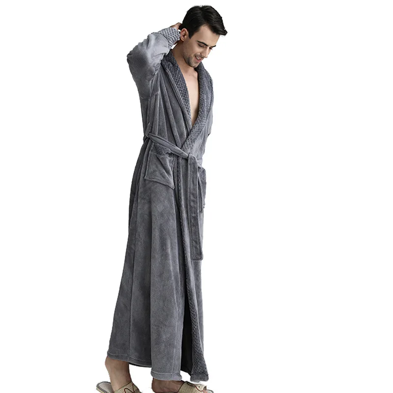 Warm Sleepwear white Thick Flannel Men Kimono Bath Robes  Herren Schlafanzug Winter Thermal Long Bathrobe Dressing Gown