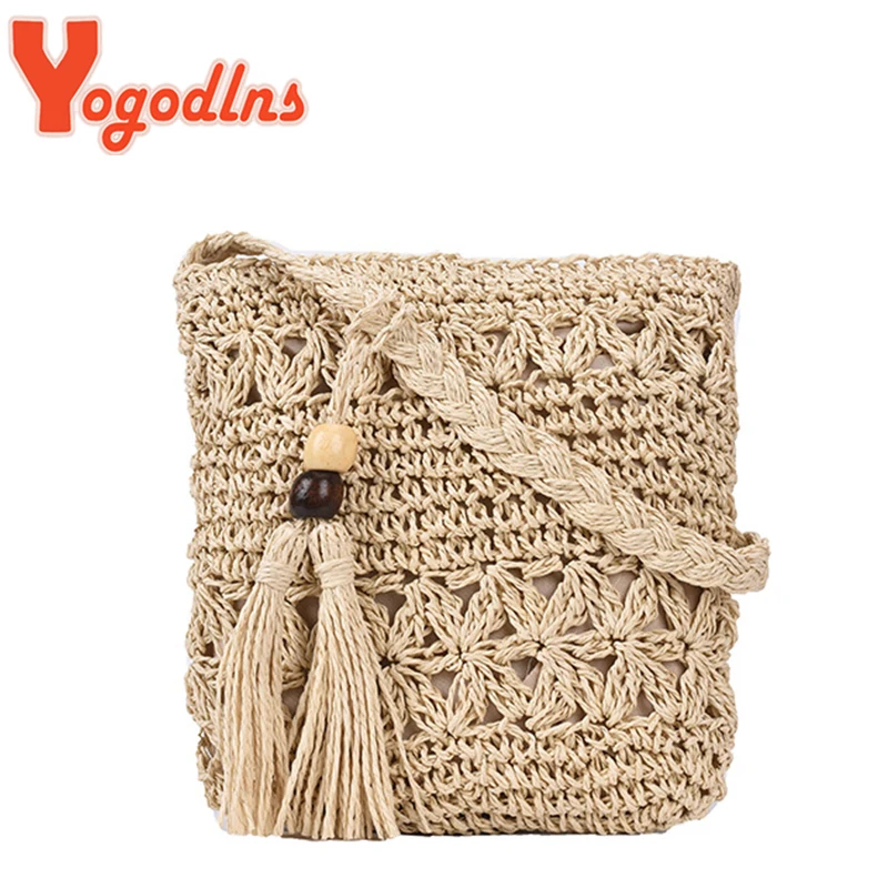 Yogodlns Bohemian Straw Bag Women Casual Travel Beach Bags Fashion Handmade Shoulder Bag Kintted Crossbody Bag Tassel Handbag