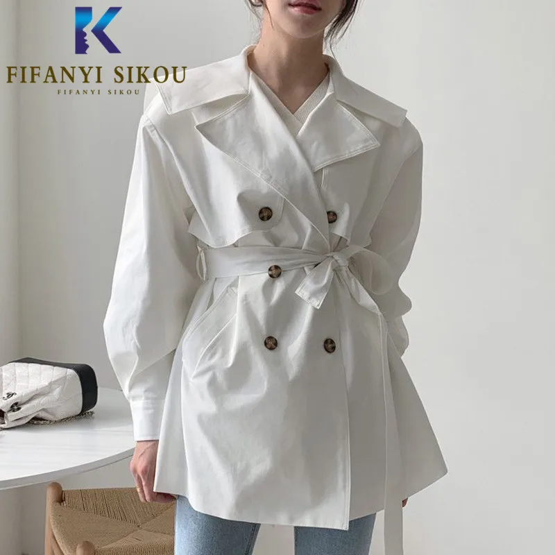 Korean Casual Women Trench Coat Double Breasted Lapel Fashion Short Windbreaker Outerwear Elegant Lady White Trench Coat 2021