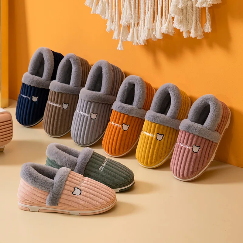 Autumn and Winter Burst Lovers Slippers Corduroy Stripe Rabbit Hair Indoor and Outdoor Home Winter Warm  Cotton Slippers