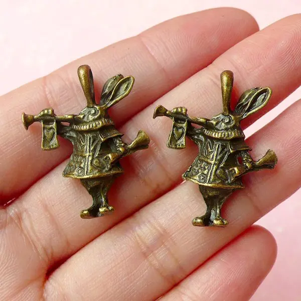 4pcs 3D Wonderland / Bunny Rabbit Charms (28mm x 22mm / Tibetan Silver / 2 Sided) Pendant Bracelet Zipper Pulls Keychain