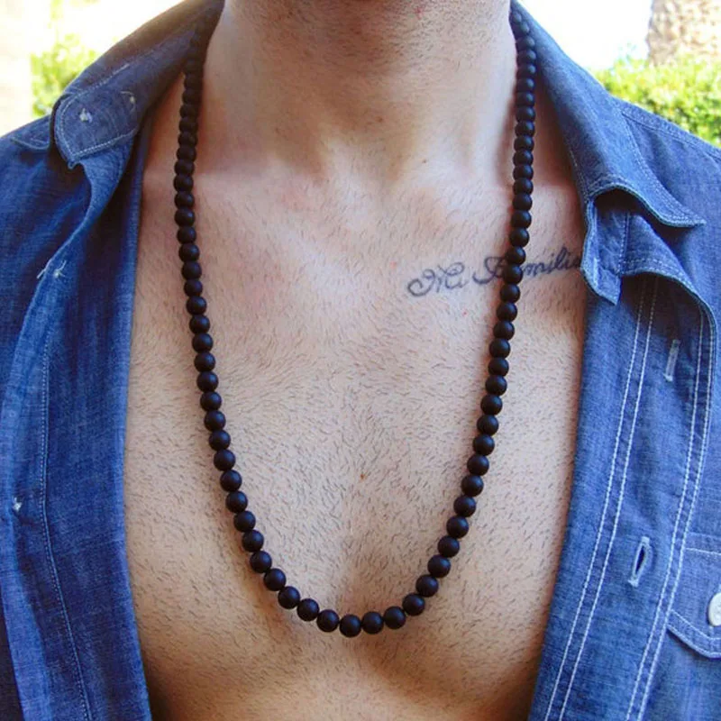 2024 Simple Fashion Matte Black Bead Necklace For Men Classic Handmade Natural Stone Strand Beads Necklace Yoga Jewelry Gift