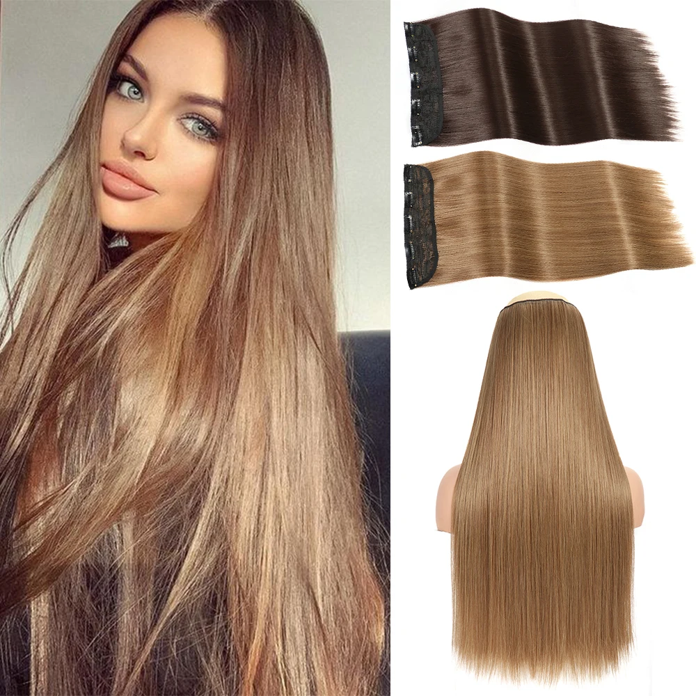 Synthetische lange gerade Clip-in-Haarverlängerung, einteilig, 5 Clips, falsches blondes Haar, braun, schwarz, hitzebeständig, Kunsthaar – Detail 1