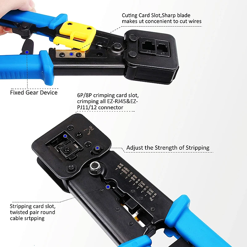 HTOC RJ45 Crimp Tool Pass Through Cat5 Cat5e Cat6 Crimping Tool For RJ45/RJ11 Regular And End-Pass-Through Connectors