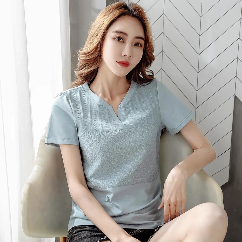New Hipster Cotton T Shirt Womens Patchwork V-Neck Contrasting Colors Ladies Summer T Shirts Slim Clothes Female Tee Shirt Femme