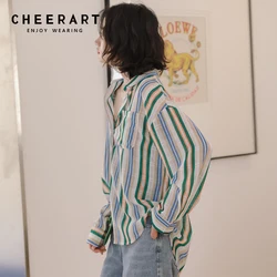 CHEERART Chiffon Striped Button Up Collared Shirt For Women Long Sleeve Top And Blouses Red Green Casual Loose Shirt