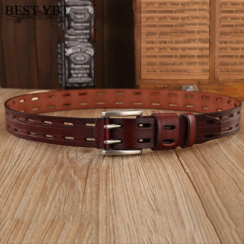 Best YBT High Quality Genuine Leather Belts for Men Brand Strap Male Double Pin Buckle Fancy Vintage Jeans Cowboy Belts