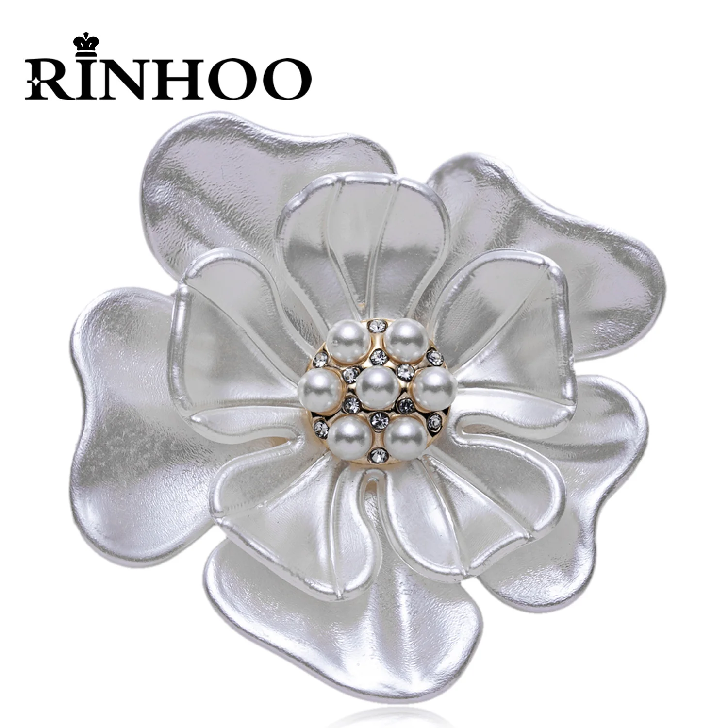 Rinhoo Luxury Big White Camellia Brooches for Women Fashion Imitation Pearls Rhinestone Flower Wedding Bridal Party Pins Jewelry