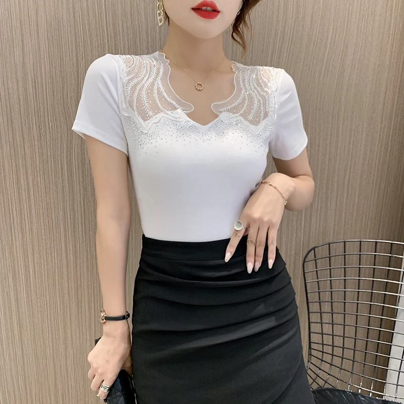 Summer European Style Cotton T-Shirt Chic Sexy V-Neck Shiny Diamonds Spliced Mesh Women Tops Short Sleeve All Match Tees T15206A