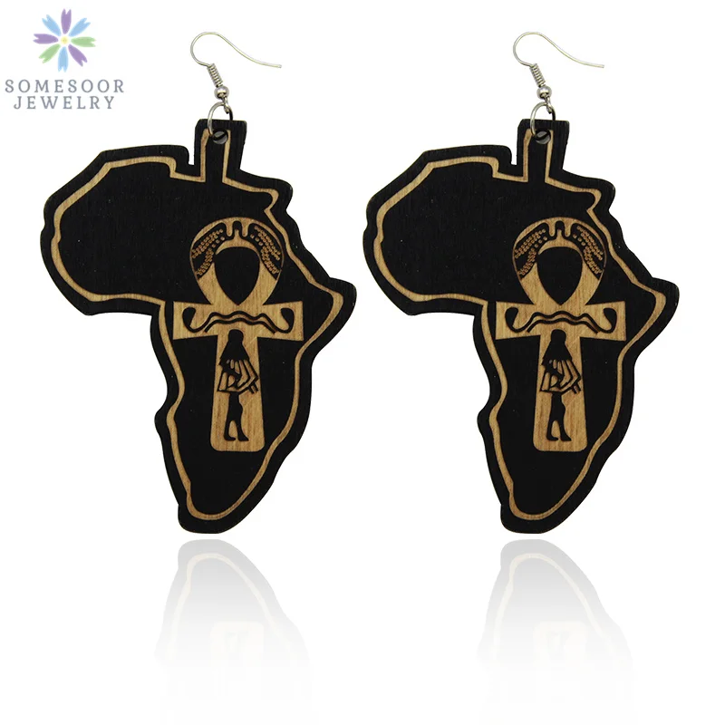 SOMESOOR Afro Ankh Cross Laser Carved African Map Wood Drop Earrings Black Jesus Afrocentric Ethnic Ear Jewelry For Women Gifts