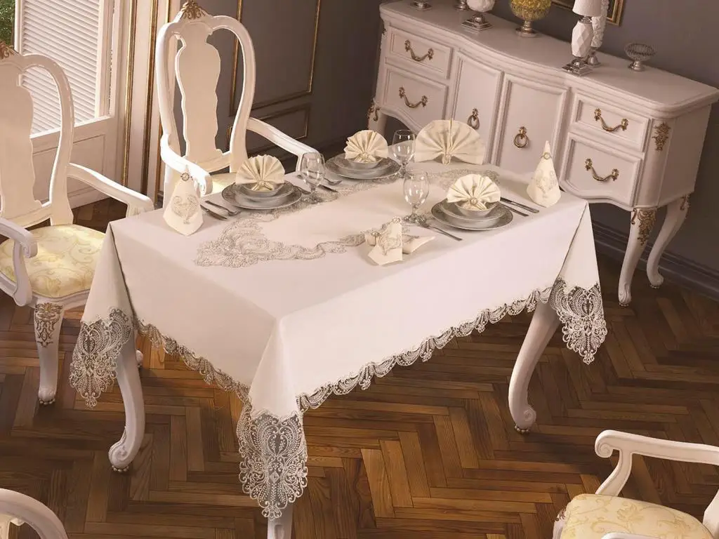 French Laced Jasmine Velvet Single Table Cloth Ecru Silver