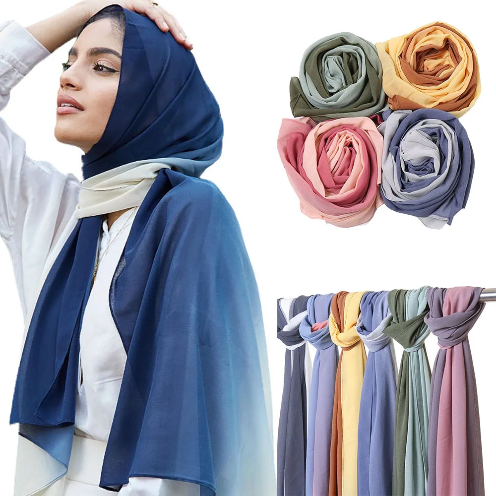 Gradient Color Chiffon Scarf Hijab Islamic Summer Breathable Headscarf Muslim Women Smooth Turkish Soft Turban Scarf Headwrap