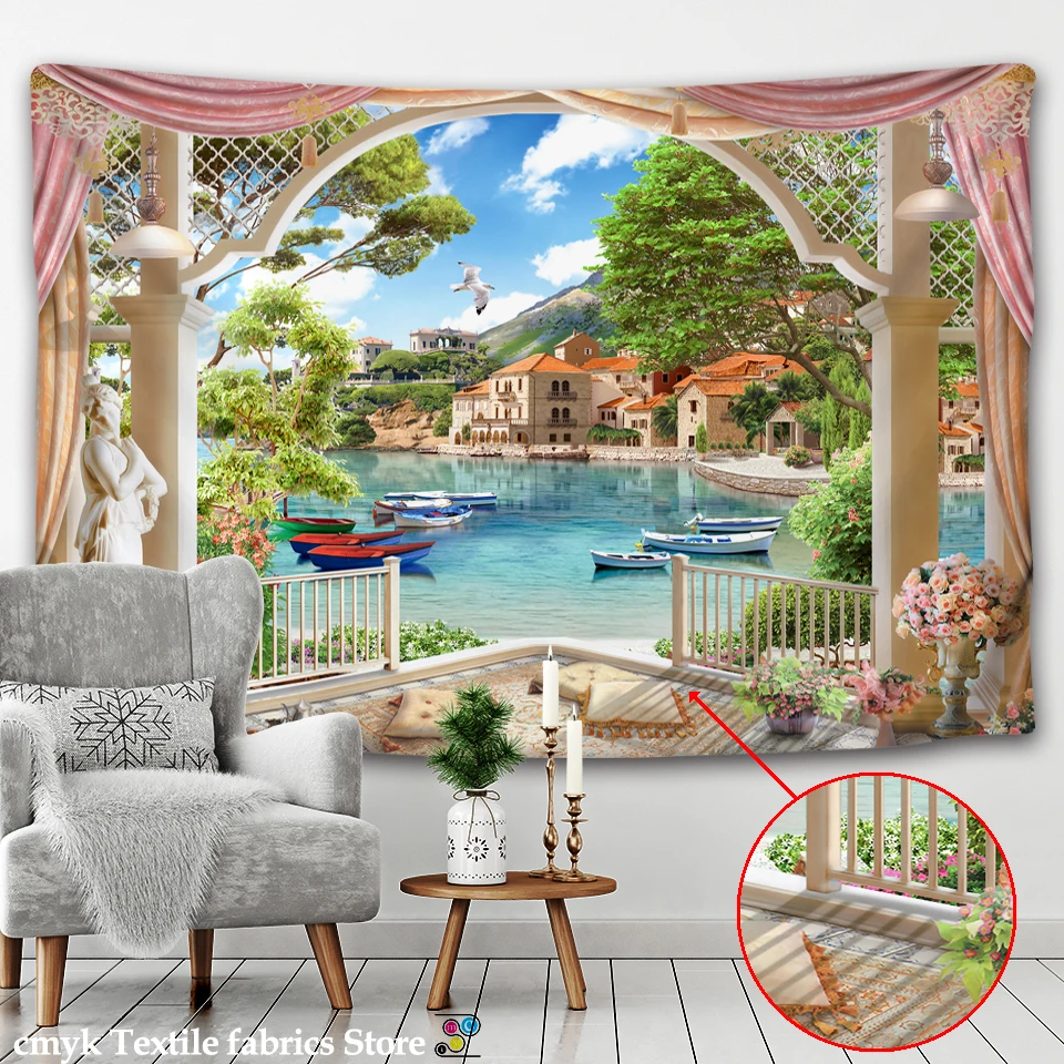 Castle Tapestry Outside the Window Landscape Living Room Bedroom Dormitory Room Wall Decoration Background Wall Hanging Cloth