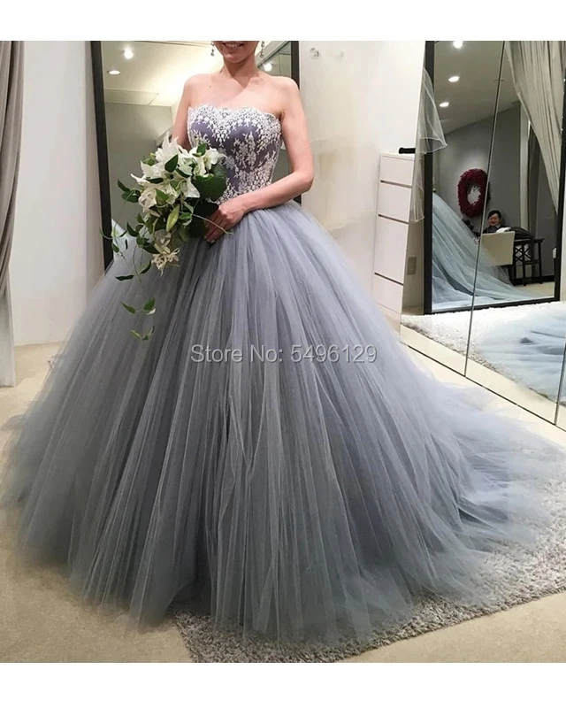 White Appliques Silver Grey Tulle Wedding Dresses Vestido De Noiva Off The Shoulder Sweetheart Princess Bridal Gowns Bride Dress