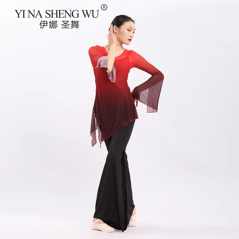 Gradient Gauze Shirt Women Classical Dance Long Sleeve Top For Practice Chinese Folk Dance Tops Clothes Performance Costume New