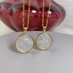 Fashion Round Medal Cross Pendant Necklace For Women Choker Figaro Chain Mother of Pearl Shell Jewelry