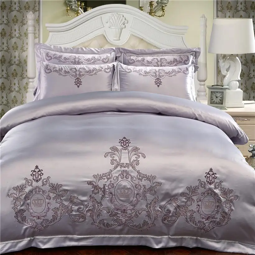 38Silver Cotton Chinese Embroidery Bedding Sets Queen King size Luxury Red Wedding Duvet cover Bed sheet/linen set Pillowcase