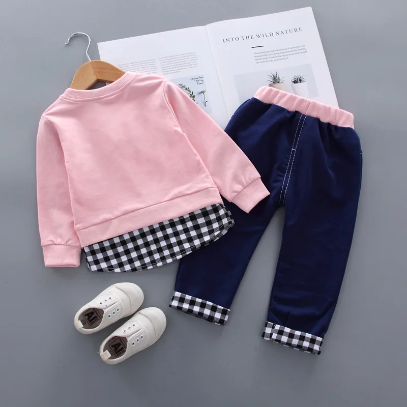 1-4 Years Baby Girls Clothing Sets Spring Kids Fake Two-Piece Cotton Long Sleeve Top + Pants 2PCs Suit For Girl Children Clothes