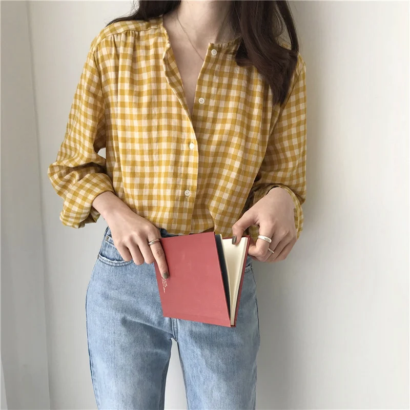 Women Plaid Tops and Blouses Long Sleeve Sweet Shirts Ladies O Neck Loose Casual Korean Style Shirts Blusas femininas