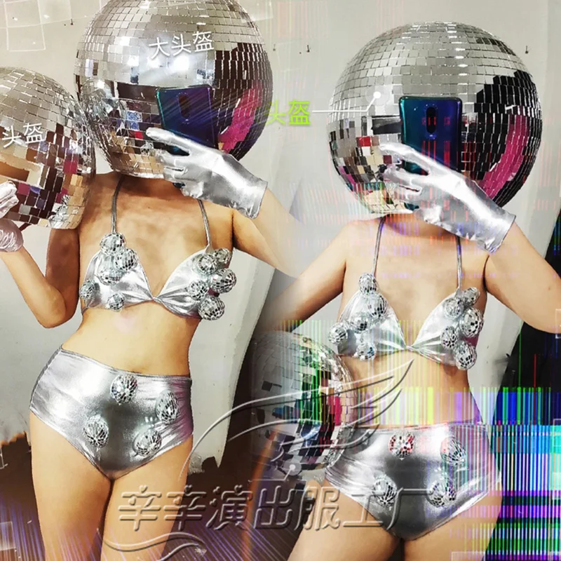 Nightclub Bar Female Singer Stage Dance Headdress Metal Mirror Reflective Large Helmet Women'S Performance Set DWY2893