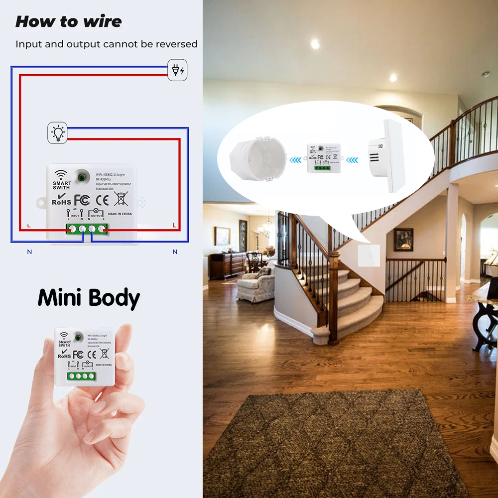 Tuya Mini Interruptor de Luz Inteligente, Painel de Parede Sem Fio, Interruptor de Toque, WiFi, 433MHz, 220V, Relé 10A, Funciona com Alexa, Google